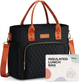 Yitote Lunch Box for Women with Bottle Holder,Cute Lunch Bag with Adjustable Shoulder Strap,Lunch Bags for Work.(Black-Without Ice Packs)
