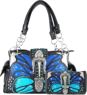 Zelris Buckle Abstract Butterfly Artwork Women Conceal Carry Handbag Wallet Set