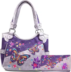 Zelris Butterfly Flower Season Embroidery Conceal Carry Tote Handbag Purse Set