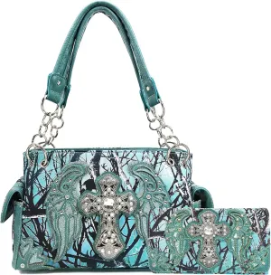 Zelris Camouflage Shine Glow Cross Wings Women Conceal Carry Handbag with Wallet