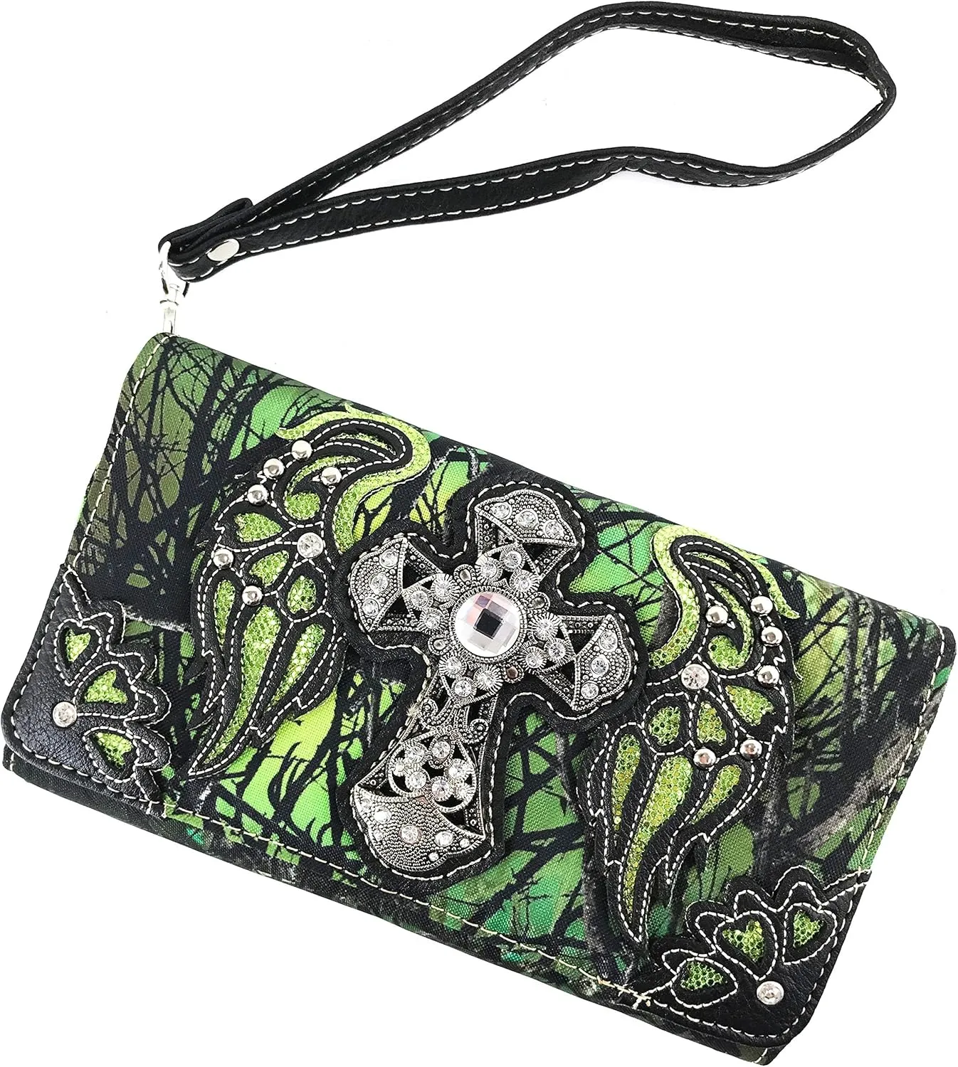 Zelris Camouflage Shine Glow Cross Wings Women Crossbody Trifold Wallet