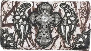 Zelris Camouflage Shine Glow Cross Wings Women Crossbody Trifold Wallet