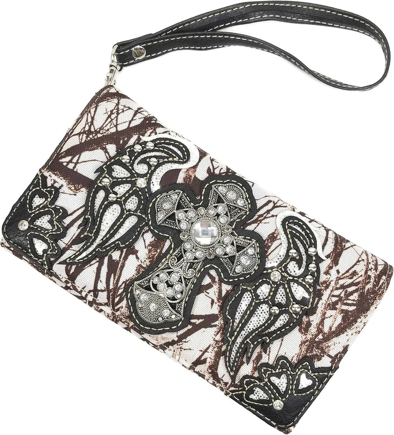 Zelris Camouflage Shine Glow Cross Wings Women Crossbody Trifold Wallet