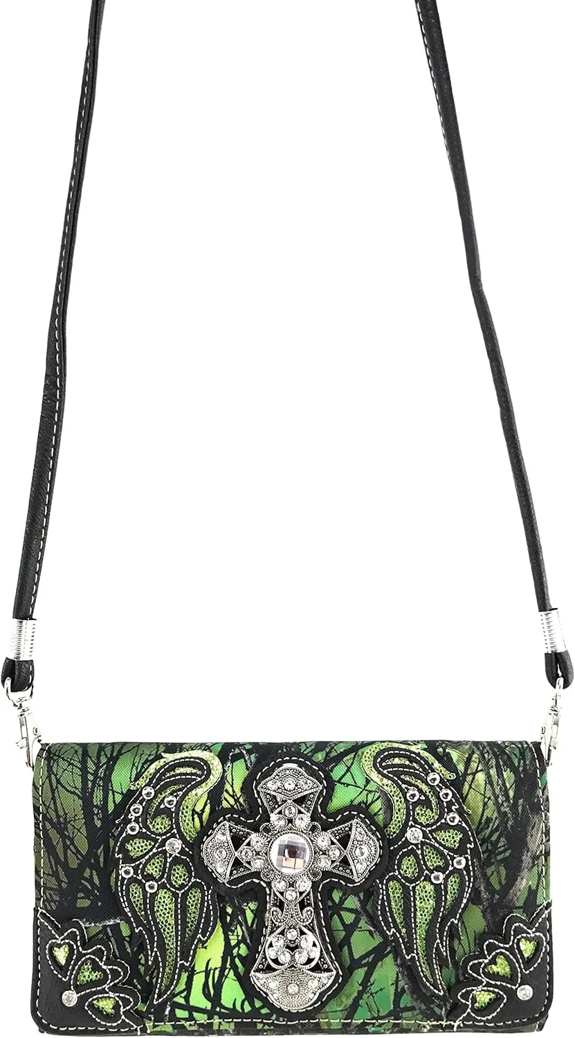 Zelris Camouflage Shine Glow Cross Wings Women Crossbody Trifold Wallet