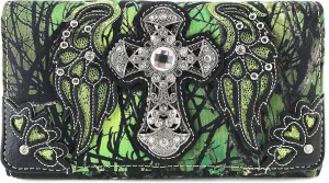 Zelris Camouflage Shine Glow Cross Wings Women Crossbody Trifold Wallet