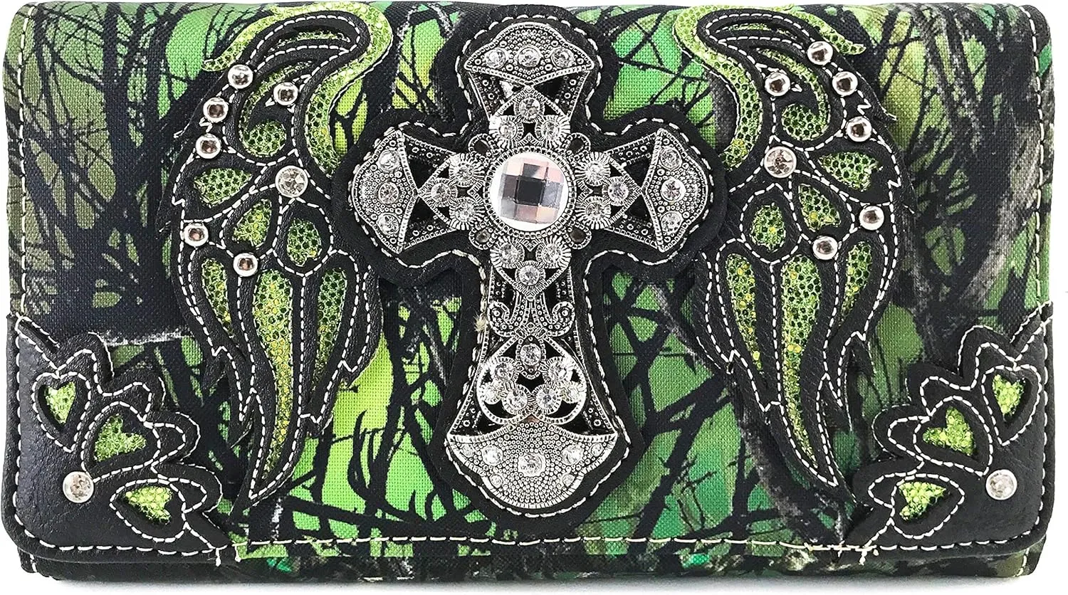 Zelris Camouflage Shine Glow Cross Wings Women Crossbody Trifold Wallet