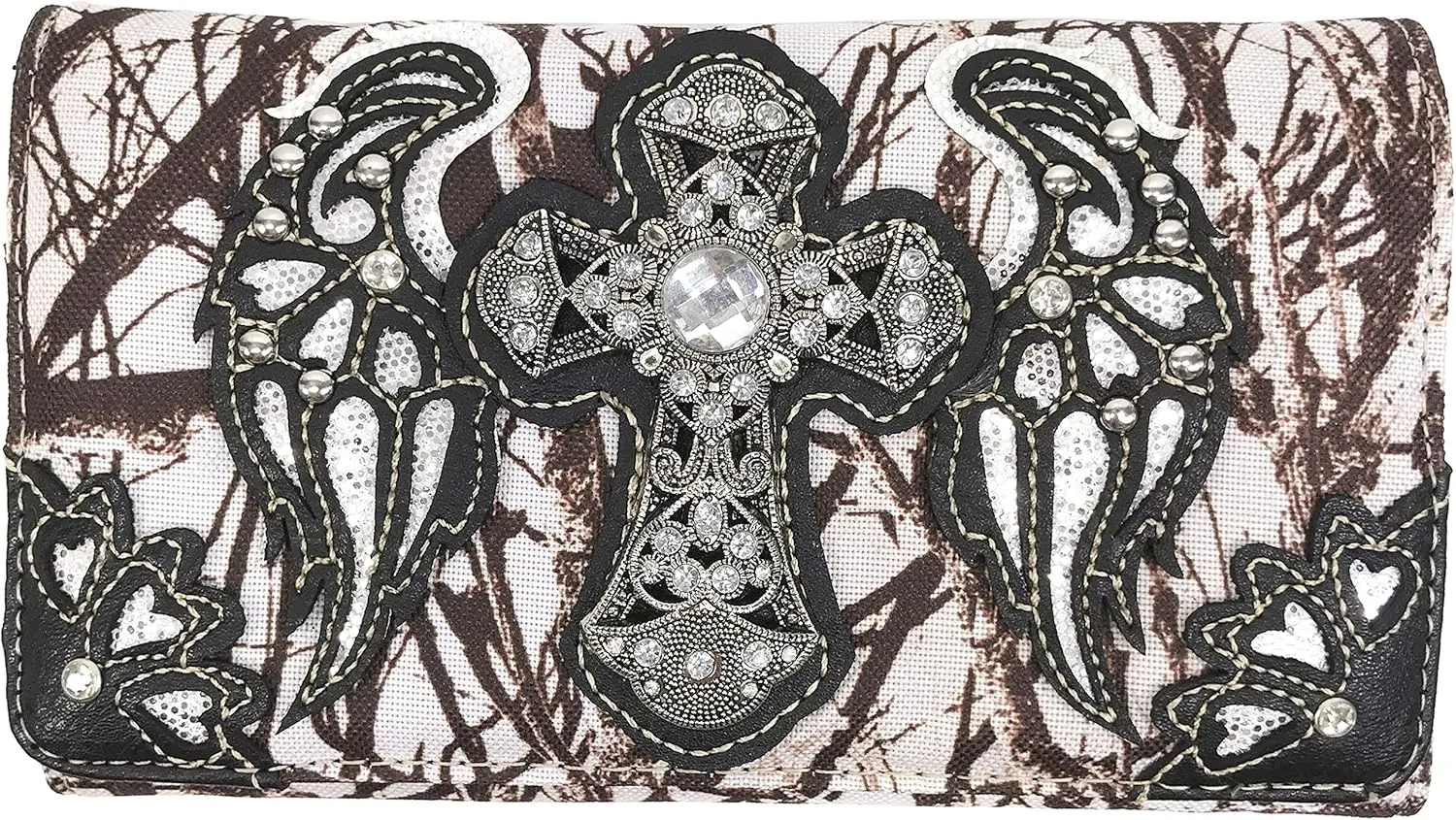 Zelris Camouflage Shine Glow Cross Wings Women Crossbody Trifold Wallet