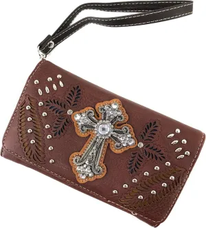 Zelris Fall Fern Leaf Western Cross Women Crossbody Wrist Trifold Wallet