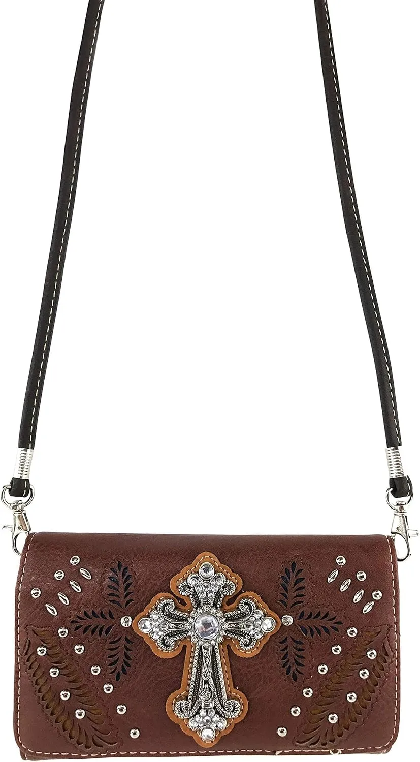 Zelris Fall Fern Leaf Western Cross Women Crossbody Wrist Trifold Wallet