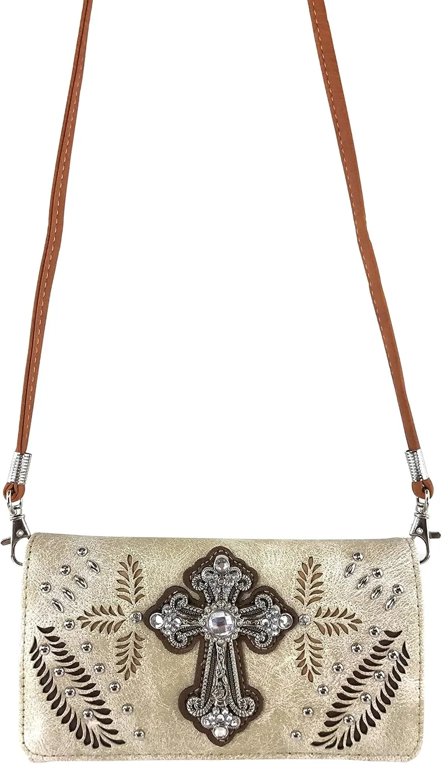 Zelris Fall Fern Leaf Western Cross Women Crossbody Wrist Trifold Wallet