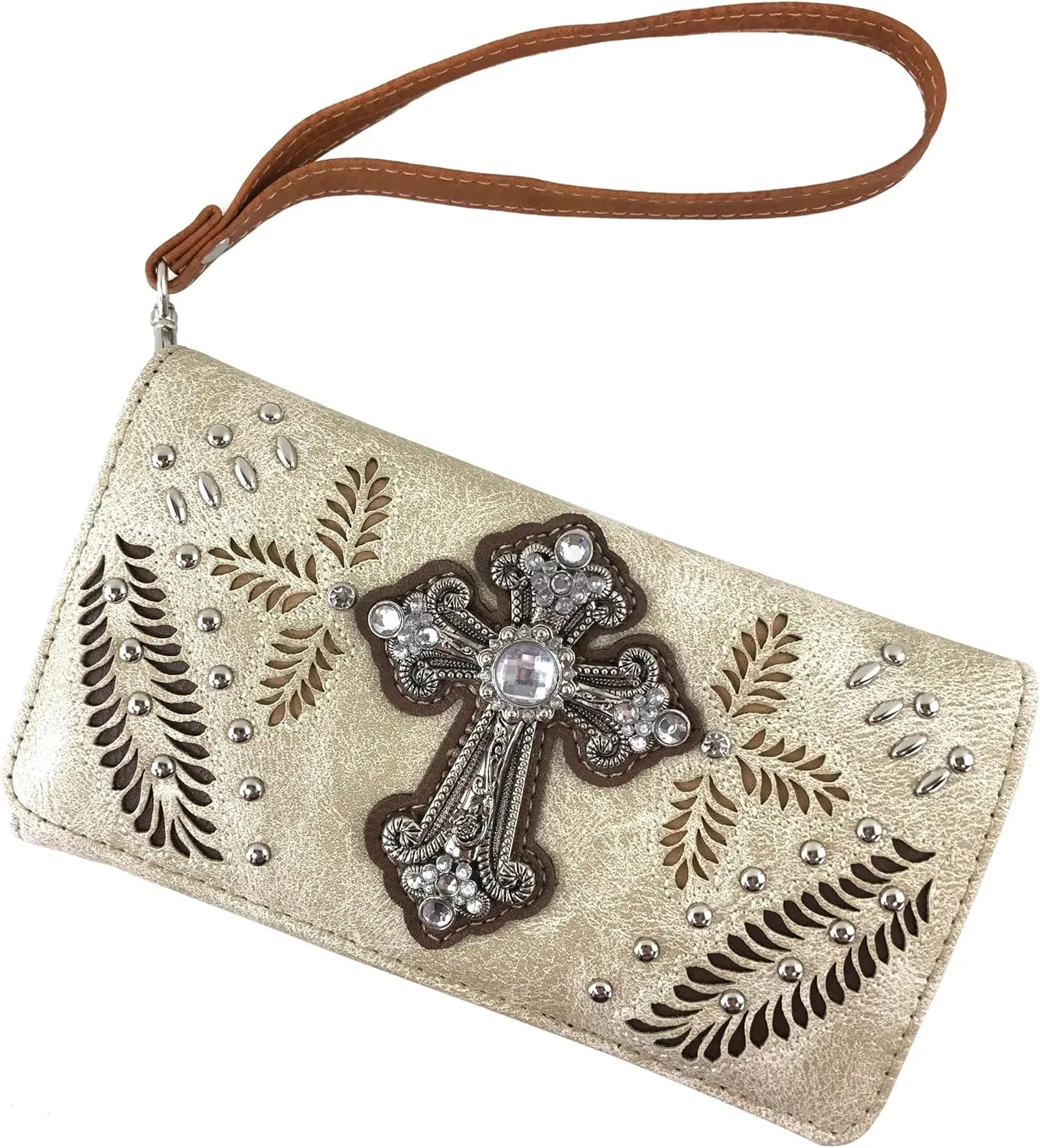 Zelris Fall Fern Leaf Western Cross Women Crossbody Wrist Trifold Wallet