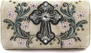 Zelris Western Cross Daisy Flower Women Crossbody Wrist Trifold Wallet