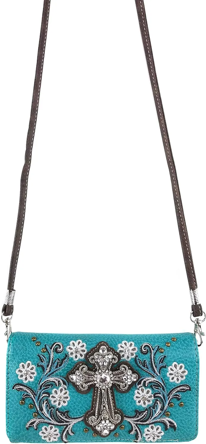 Zelris Western Cross Daisy Flower Women Crossbody Wrist Trifold Wallet