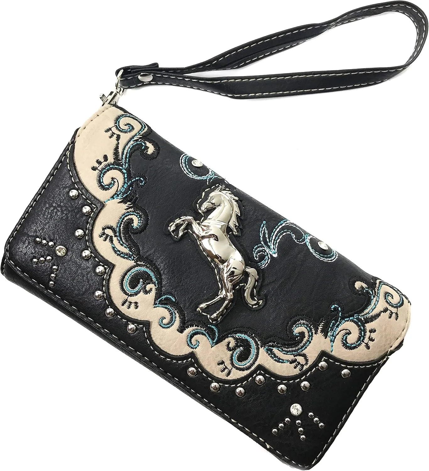 Zelris Western Mustang Horse Turquoise Women Crossbody Wrist Trifold Wallet