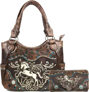 Zelris Western Rearing Horse Embroidered PU Leather Concealed Carry Women Tote Purse with Matching Wallet Set