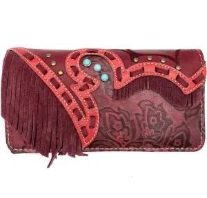 Zelris Women Crossbody Wallet Turquoise Concho Suede Fringe Two Tone Cowgirl Trifold Open