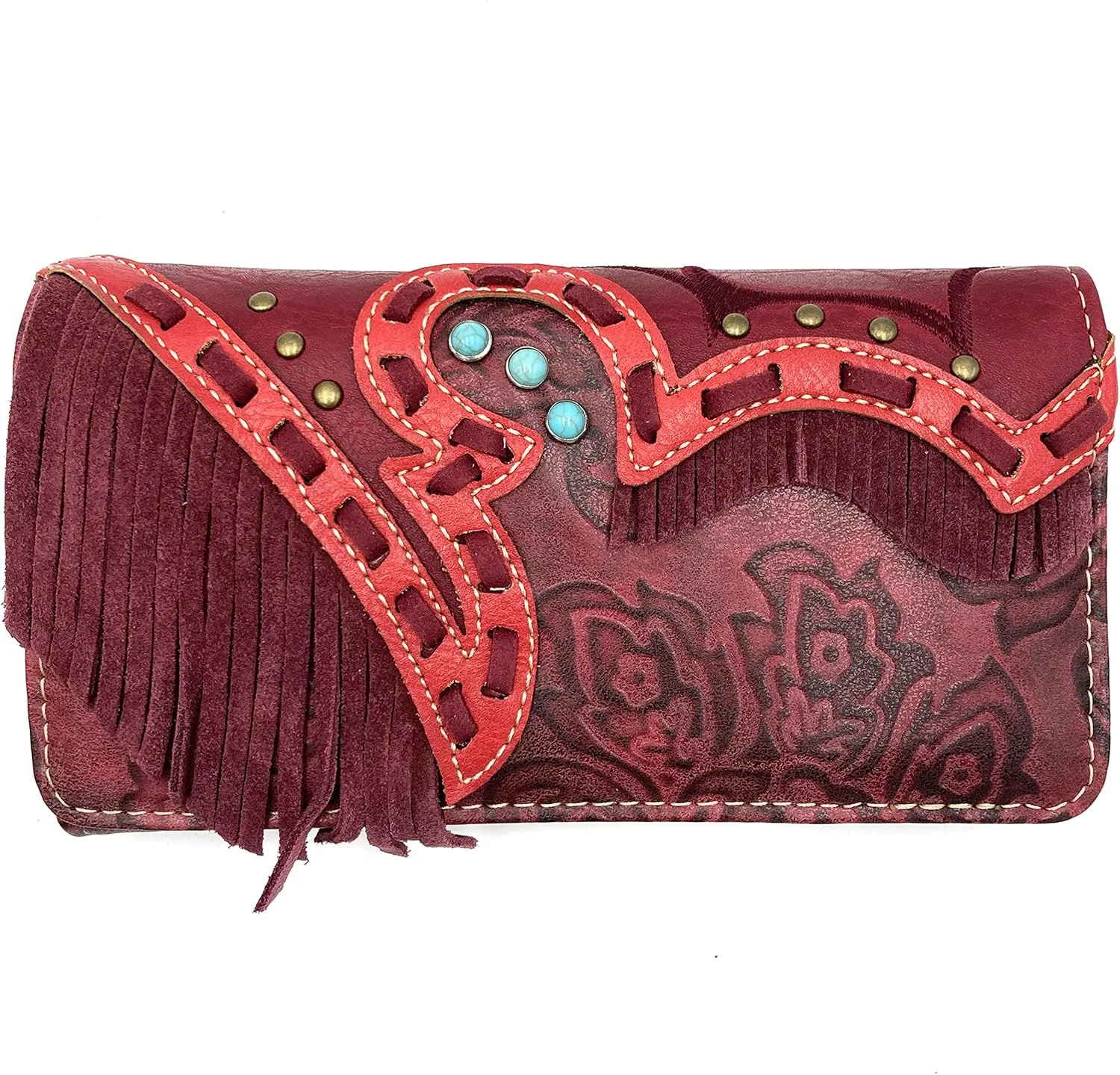 Zelris Women Crossbody Wallet Turquoise Concho Suede Fringe Two Tone Cowgirl Trifold Open