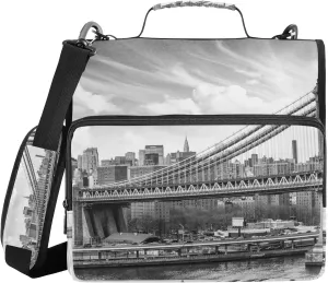 Zipper Binder Manhattan Skyscrapers Brooklyn Bridge 3 D-Ring File Holder Document Organizer A4 Paper Letter Size Card Case Waterproof Portfolio with Handle & Shoulder Strap, 500-Sheet Large Cap