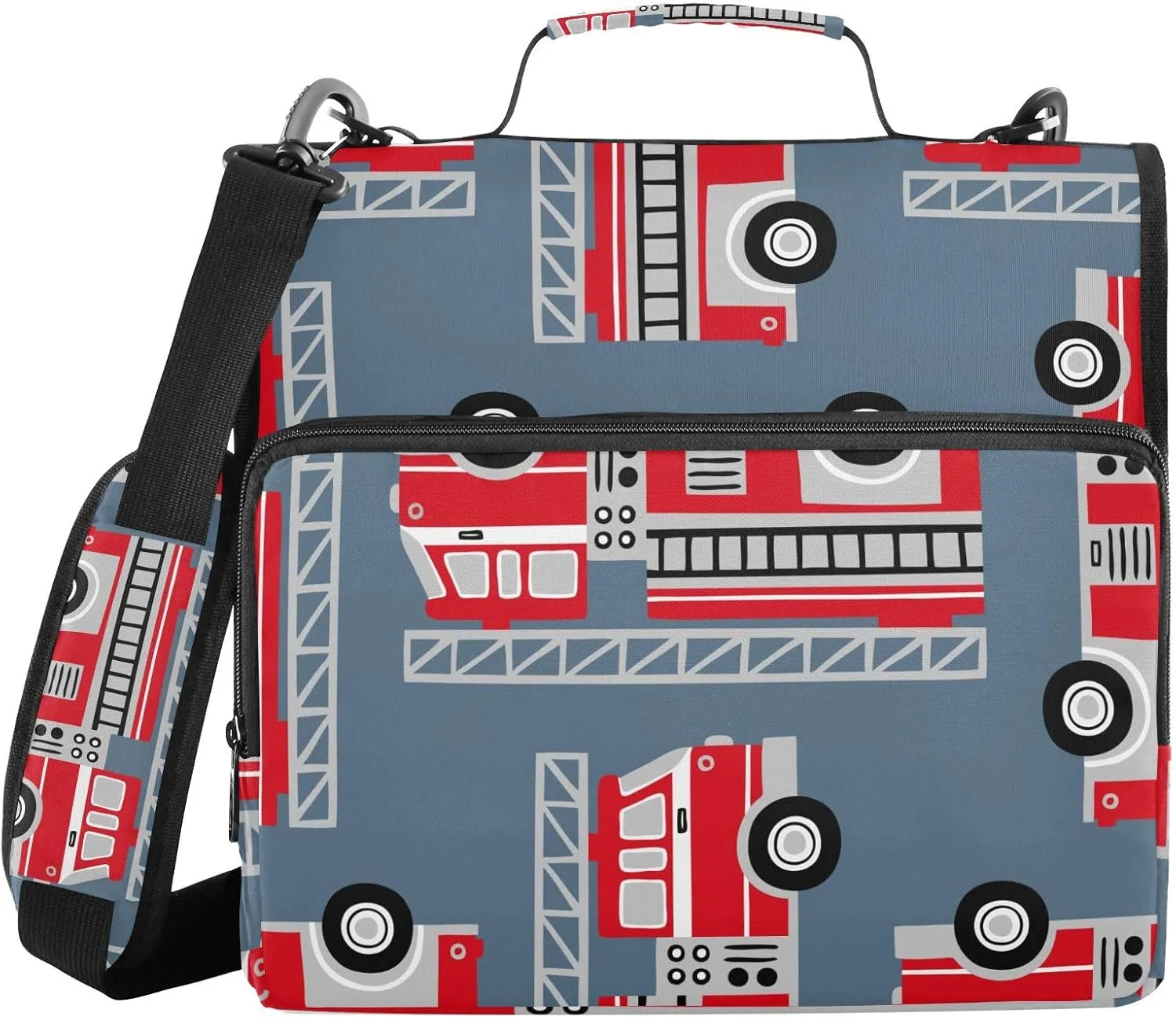 Zipper Binder Red Fire Engine Trucks 3 D-Ring File Holder Document Organizer A4 Paper Letter Size Card Case Waterproof Portfolio with Handle & Shoulder Strap, 500-Sheet Large Capacity