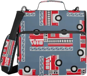 Zipper Binder Red Fire Engine Trucks 3 D-Ring File Holder Document Organizer A4 Paper Letter Size Card Case Waterproof Portfolio with Handle & Shoulder Strap, 500-Sheet Large Capacity
