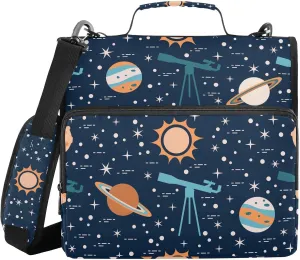 Zipper Binder Space Star Telescopes 3 D-Ring File Holder Document Organizer A4 Paper Letter Size Card Case Waterproof Portfolio with Handle & Shoulder Strap, 500-Sheet Large Capacity