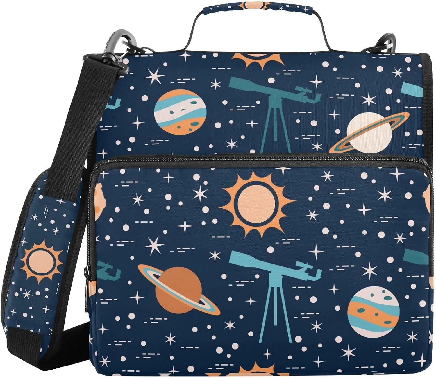 Zipper Binder Space Star Telescopes 3 D-Ring File Holder Document Organizer A4 Paper Letter Size Card Case Waterproof Portfolio with Handle & Shoulder Strap, 500-Sheet Large Capacity