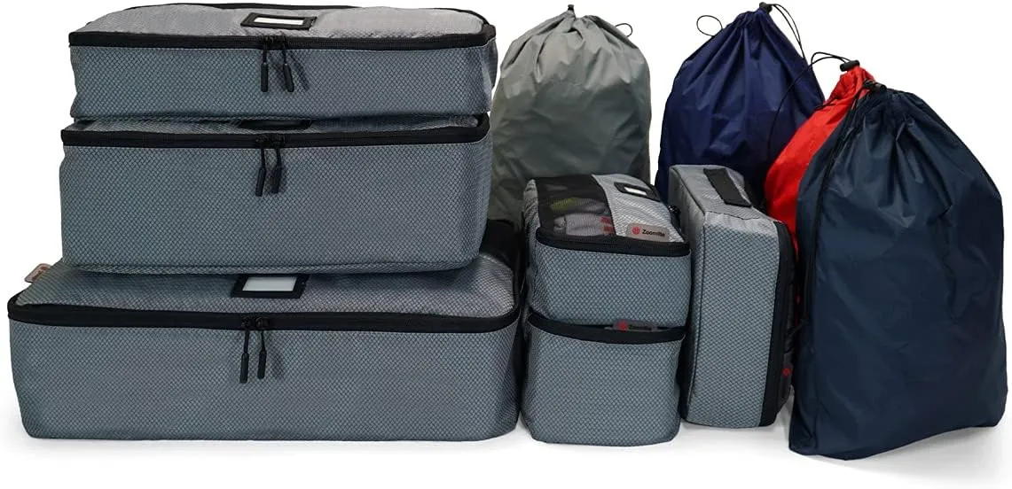 Zoomlite - 10 Set Packing Cubes for Travel | Luggage & Suitcase Travel Organizers | Compress your packing for backpacks, carry on | Includes laundry travel bag and shoe bags (Silver)
